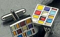 Rhodium Plated Cufflinks W/ Colorful Square Pattern