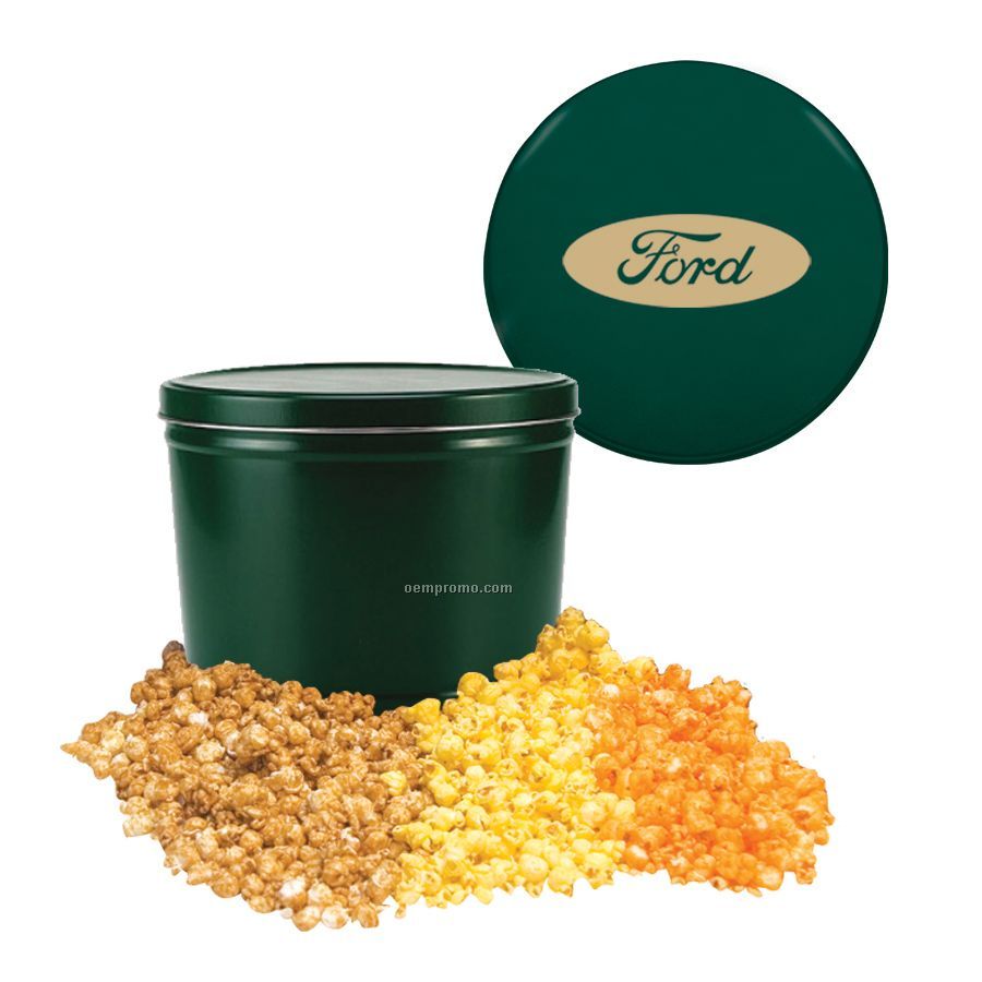 Green Three Way Two Gallon Popcorn Tin W/ Caramel, Butter & Cheese Flavors