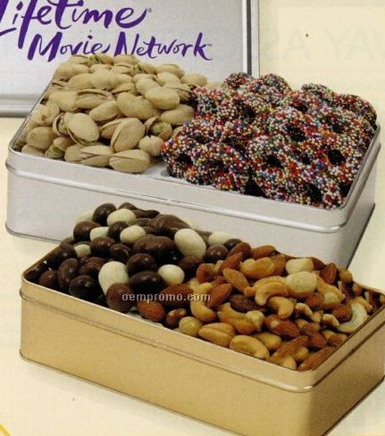 Chocolate Covered Almonds & Cashews In 2-way Large Rectangle Tin