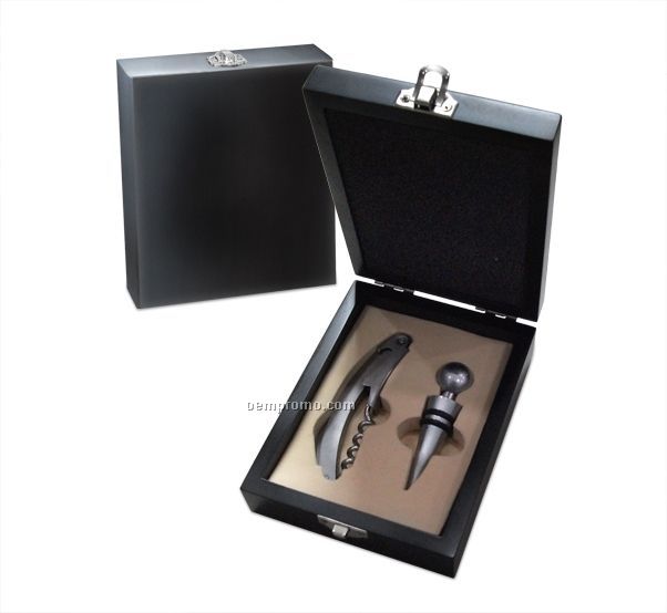 Wine Accessories 2 PC Gift Set In A Black Finish Wooden Box