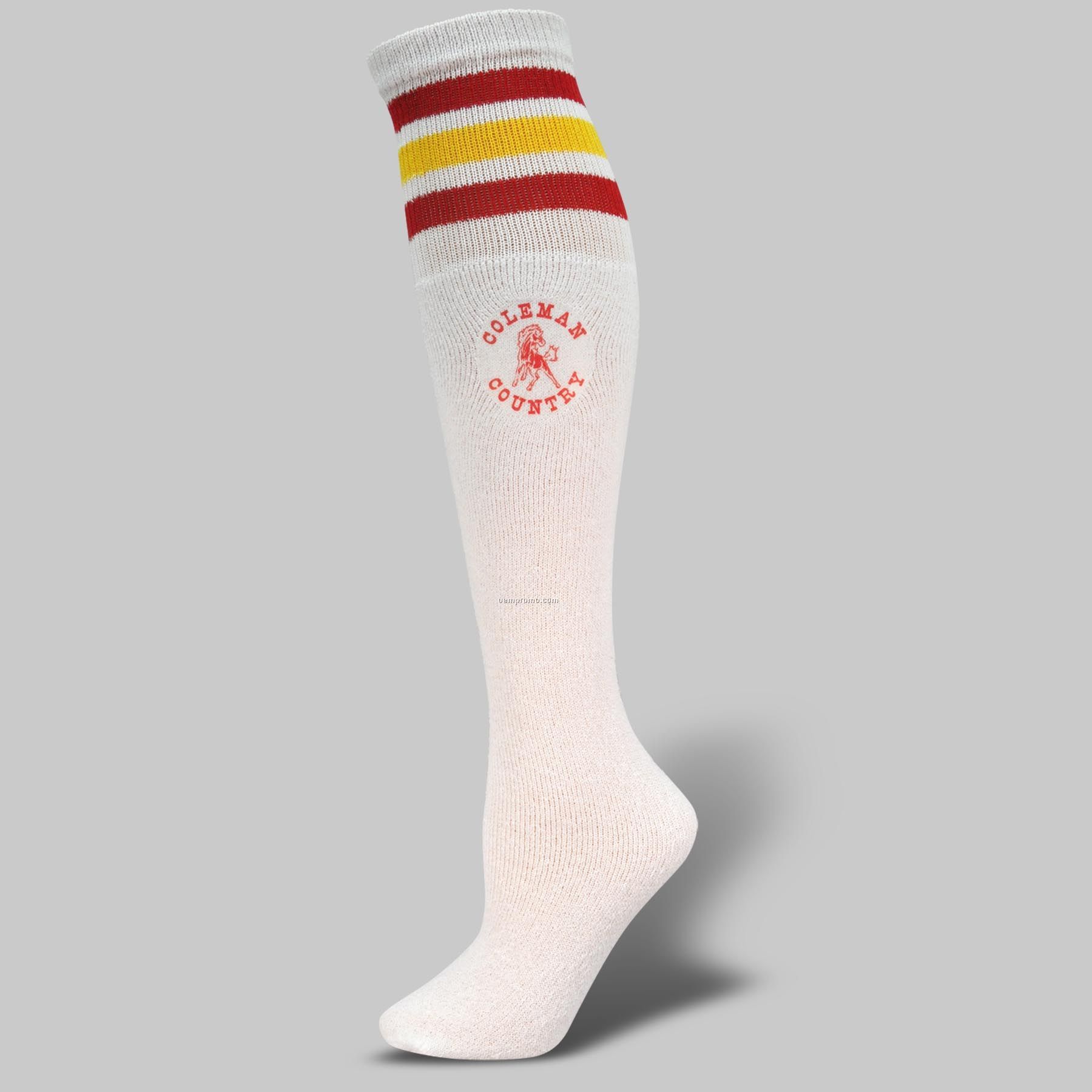 Mediumweight Cotton Striped Tube Socks With Printed Applique