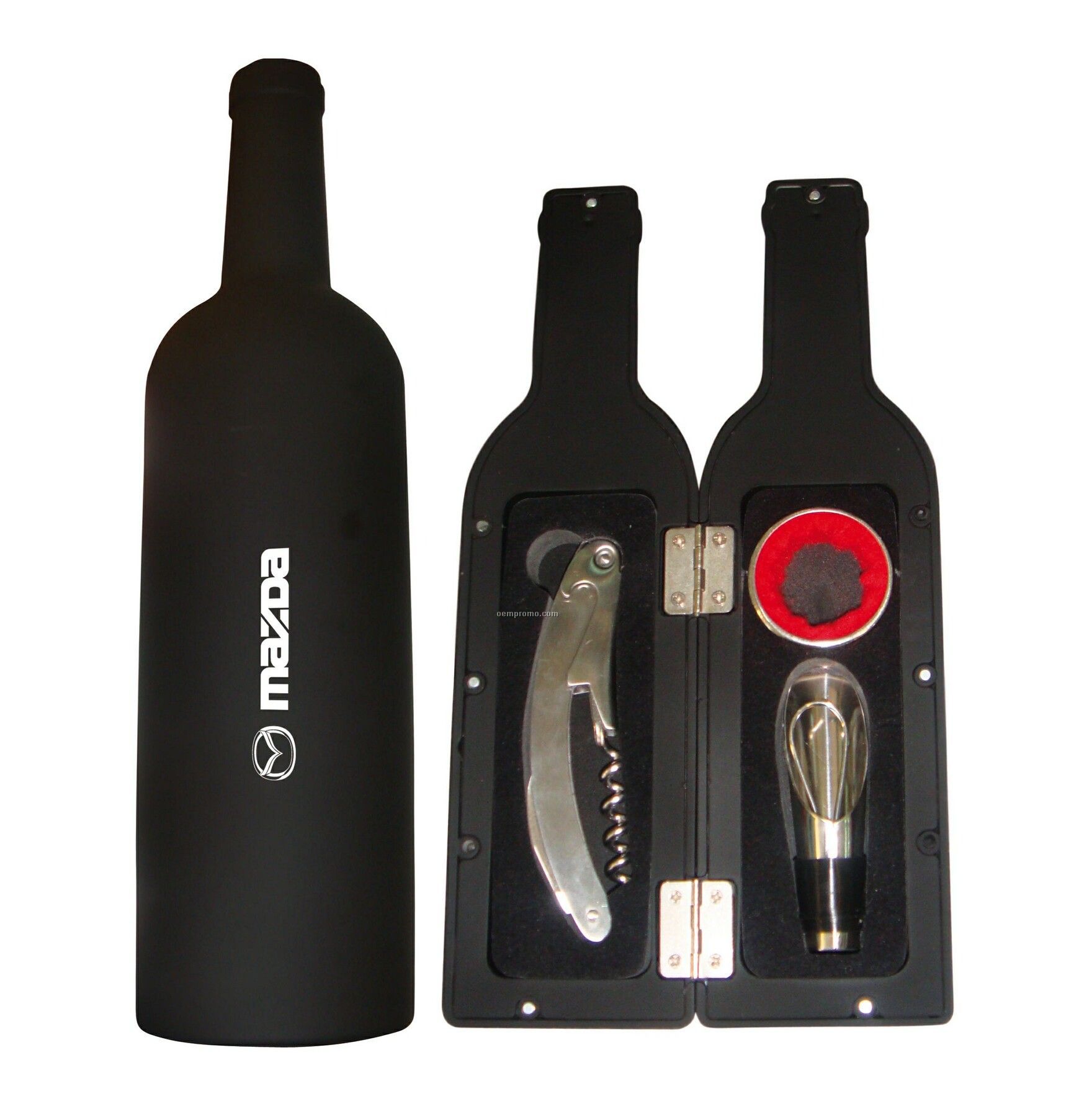 Wine Accessories 3 Piece Gift Set In A Black Bottle Shaped Magnetic Box