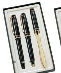 Black/ Gold Ballpoint & Roller Ball Pen Set With Letter Opener
