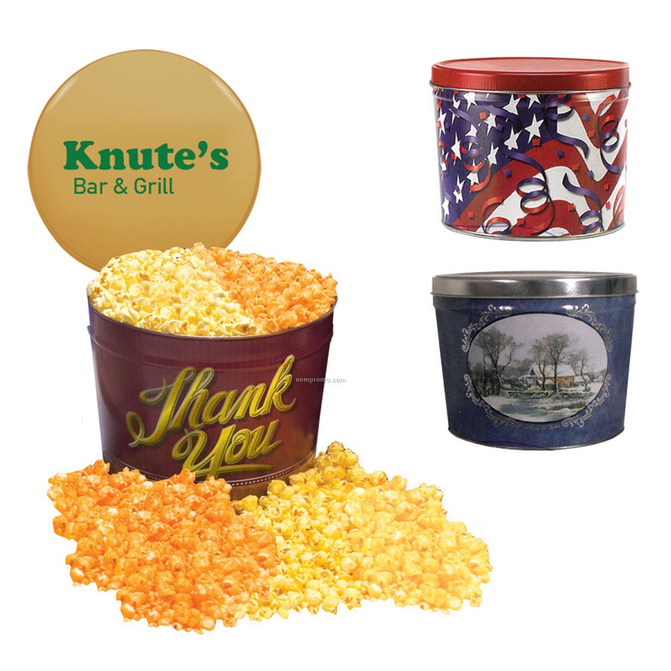 Designer Two Way 2 Gallon Popcorn Tin W/ Butter & Cheese Flavors