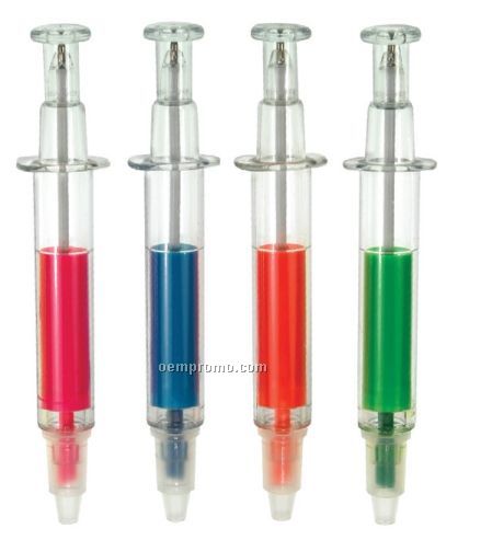 Syringe Style Plastic Ballpoint/Highlighter Pen
