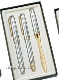 Silver/ Gold Ballpoint & Roller Ball Pen Set With Letter Opener