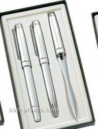 Silver Ballpoint & Roller Ball Pen Set With Letter Opener