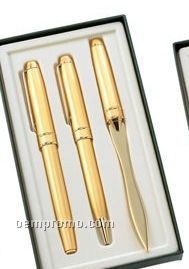 Gold Ballpoint & Roller Ball Pen Set With Letter Opener