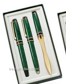 Marble Green Ballpoint & Roller Ball Pen Set With Letter Opener