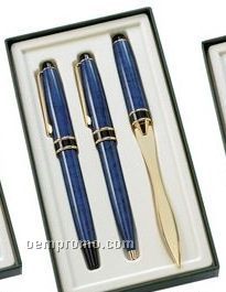 Marble Blue Ballpoint & Roller Ball Pen Set With Letter Opener