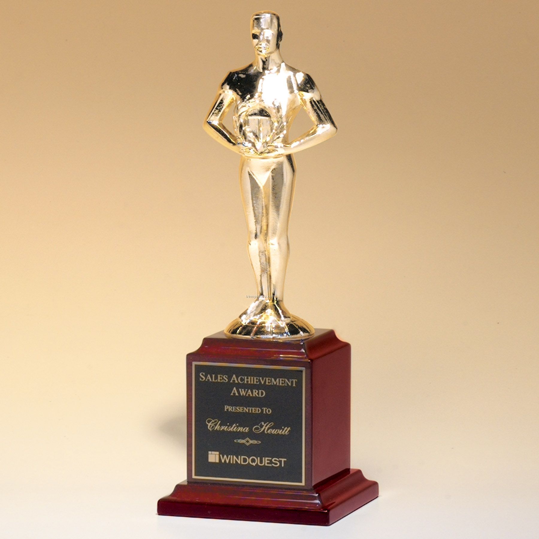Cast Metal 9" Trophy Of Classic Achiever Figure On Rosewood Stained Base