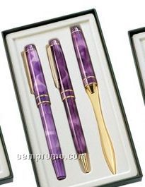 Marble Purple Ballpoint & Roller Ball Pen Set With Letter Opener