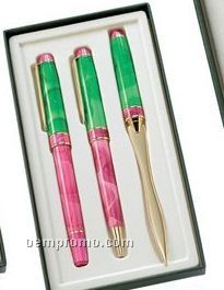 Green/ Pink Ballpoint & Roller Ball Pen Set With Letter Opener
