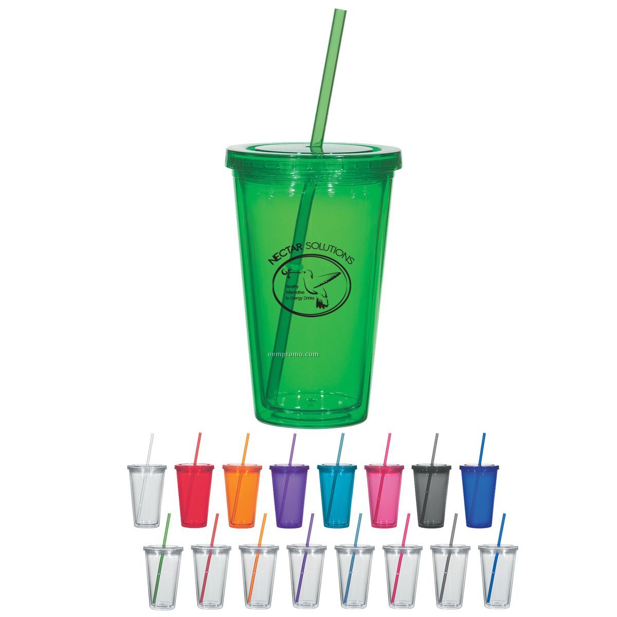 16 Oz. Double Wall Plastic Tumbler W/ Straw