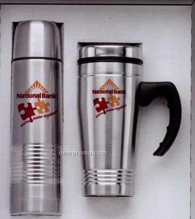 Two Piece Stainless Steel City Mugs & Thermo Set