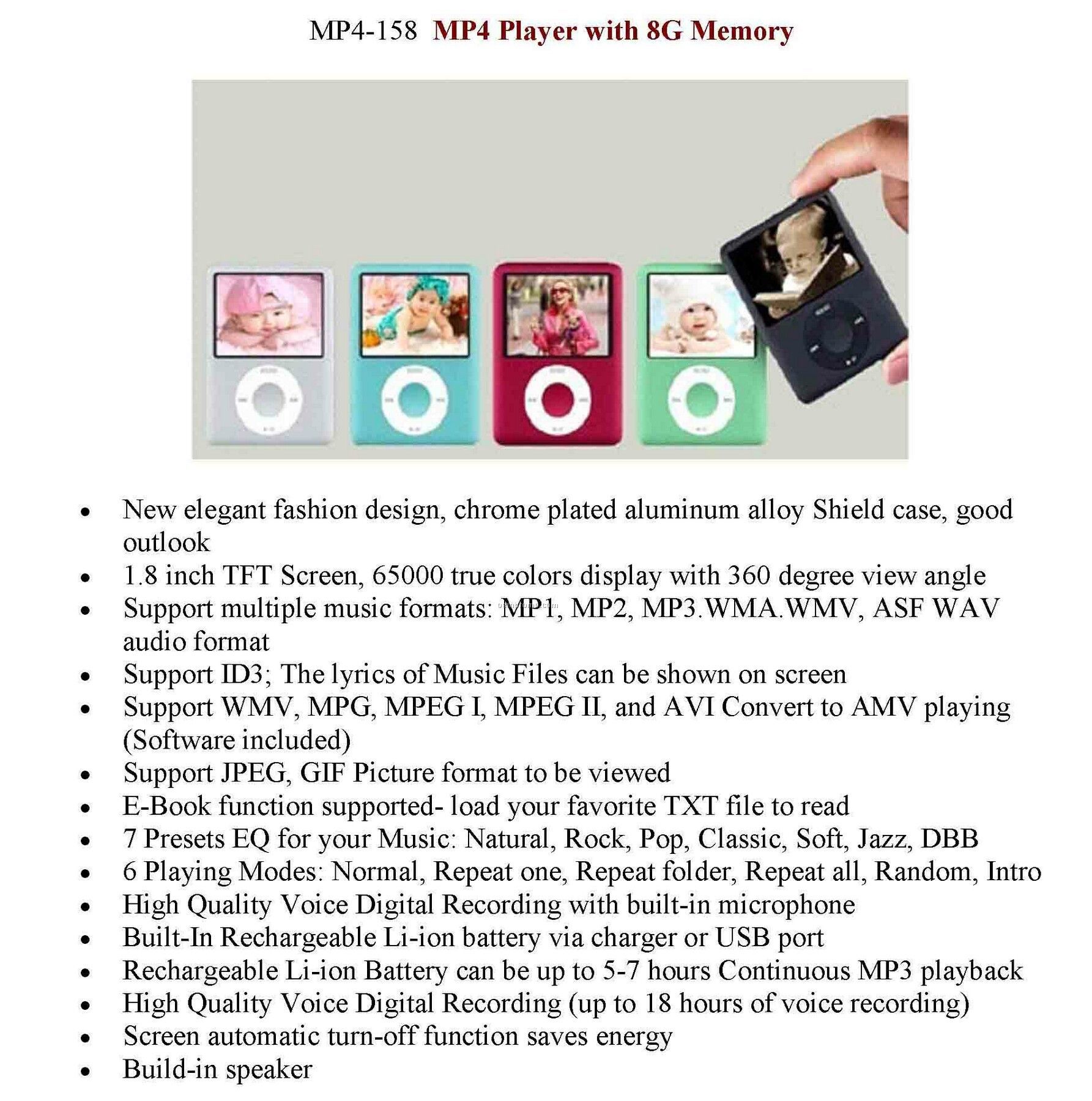 Mp4 Video Music Player With 8g Memory & Voice Recorder