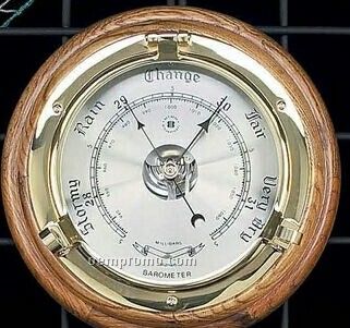 Nautical Brass Porthole Barometer On Oak Base