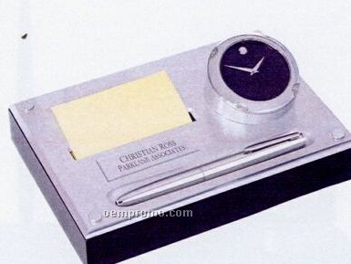 Brushed Aluminum Desk Set With Pen & Museum Dial Clock