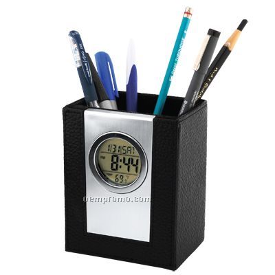 Leather Pen Holder With Alarm Clock