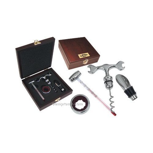 4 Piece Wine Gift Set With Drip Collar & Corkscrew In Rosewood Box