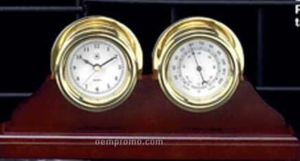 Clock & Barometer On Teak Base
