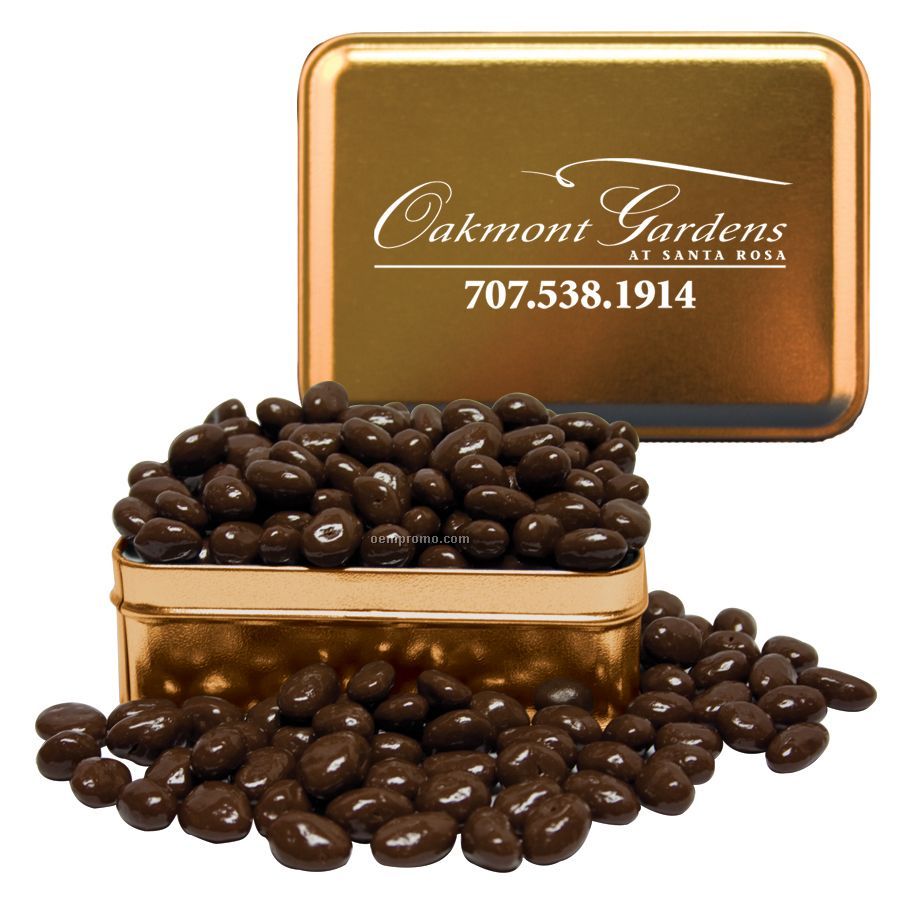 Gold Rectangle Tin With Chocolate Covered Almonds