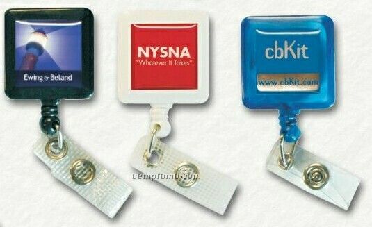 Square Badge Holder With Slide Belt Clip & Label With Poly Dome