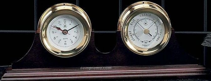 Nautical Brass Clock & Barometer On Teak Base
