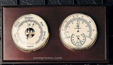 Brass Barometer, Thermometer & Hygrometer On Oak Base