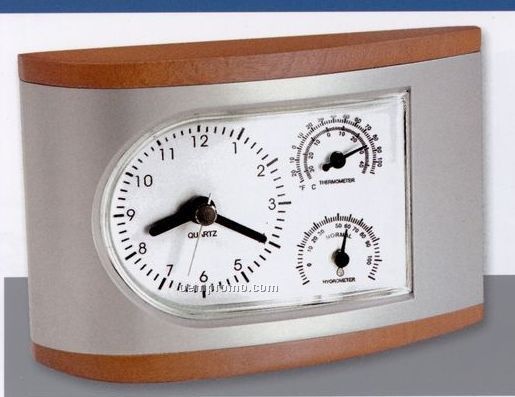 3-in-1 Silver & Wood Clock With Thermometer & Hygrometer