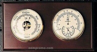 Brass Barometer, Thermometer & Hygrometer On Mahogany Base
