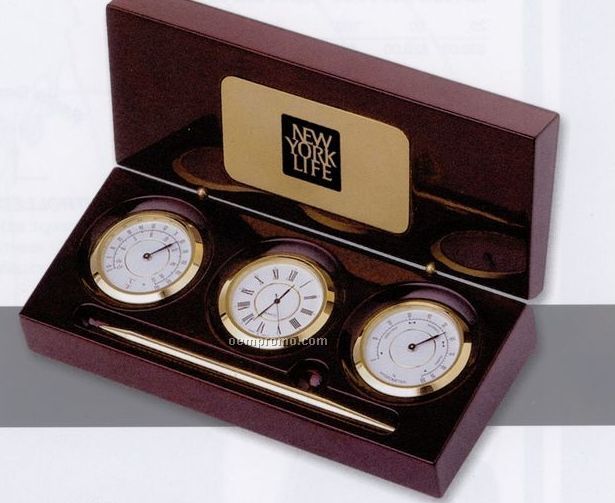 3-in-1 Clock, Hygrometer & Thermometer In Piano Wood Box