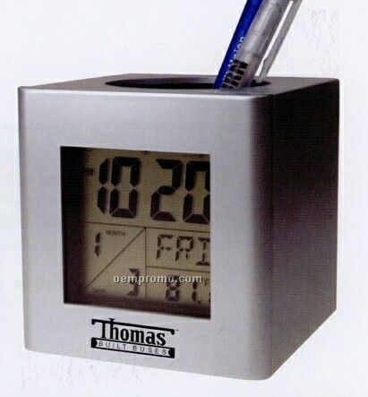 Pen Holder Cup W/Calendar Alarm Clock