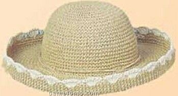 Ladies Straw Hat W/ Roll Up Brim & Scalloped Trim