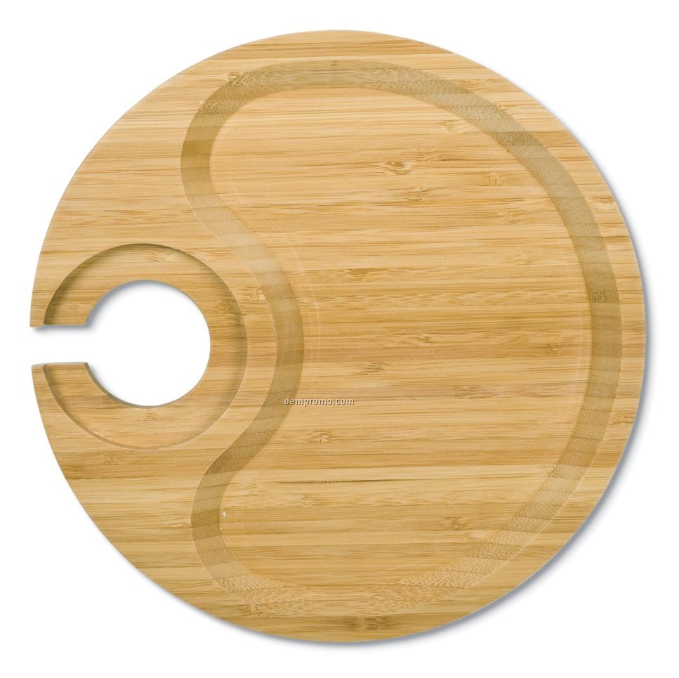 Round Bamboo Party Plate With Built-in Stemware Holder