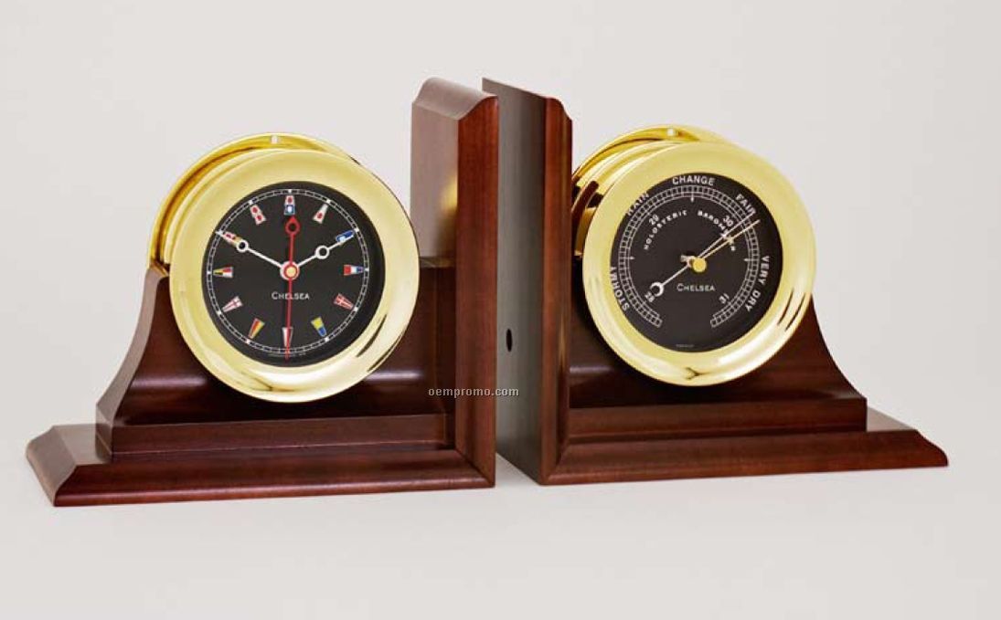 Nautical Series Brass Flag Clock And Barometer Book-ends