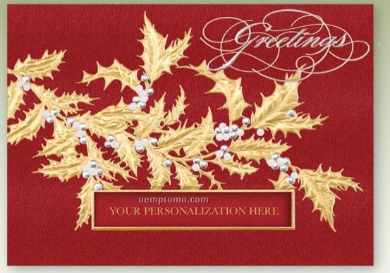 Golden Holly Greetings Personalized Die Cut Holiday Card