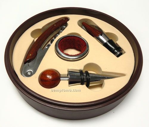 3 Pieces Wine Tools In A Red Wood Case