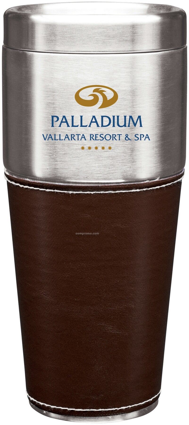 16 Oz. Stainless Steel Newport Tumbler With Brown Leatherette Sleeve