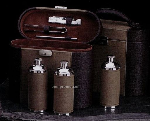 3 Flask Set W/ Bar Tools In Ultra Suede & Leather Trim Care Case