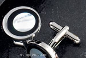 Rhodium Plated Cuff Links W/ Black & Mother Of Pearl Round Pattern