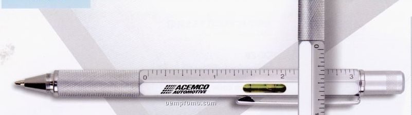 Satin Chrome Finish Ball Point Pen With Level, Ruler And Screwdriver