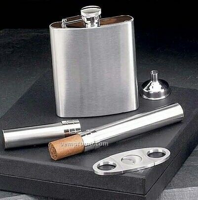 4 Piece Stainless Steel Set - 7 Oz. Flask W/ Funnel, Cigar Case & Cutter