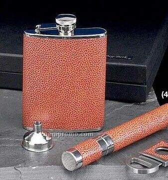 4 Piece Leather Set - 6 Oz. Flask W/ Funnel, Cigar Case & Cutter