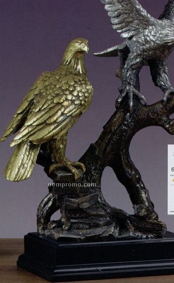 Two Eagle With Tree Stump Trophy - Gold & Silver Finish Figures (15"X18")