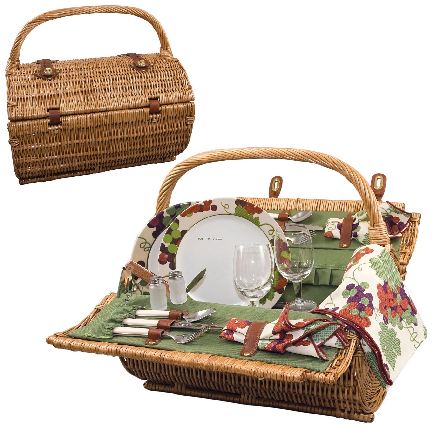 18.5" Barrel Picnic Basket W/ Service For Two (Grape Pattern Accents)