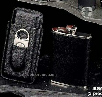 3 Piece Set In Black Leather Case - 8 Oz. Flask, Cigar Case & Cutter Set