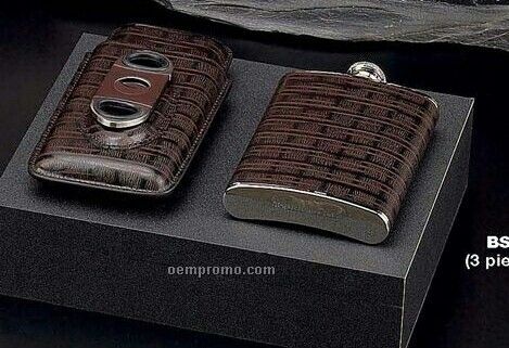 3 Piece Set In Brown Leather Case - 8 Oz. Flask, Cigar Case & Cutter Set