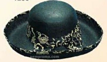 Ladies Black Straw Hat W/ Print Trim