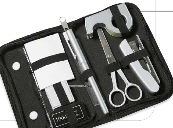 Stationery Kit W/ Scissors/ Pen/ Ruler In Textured Nylon Case